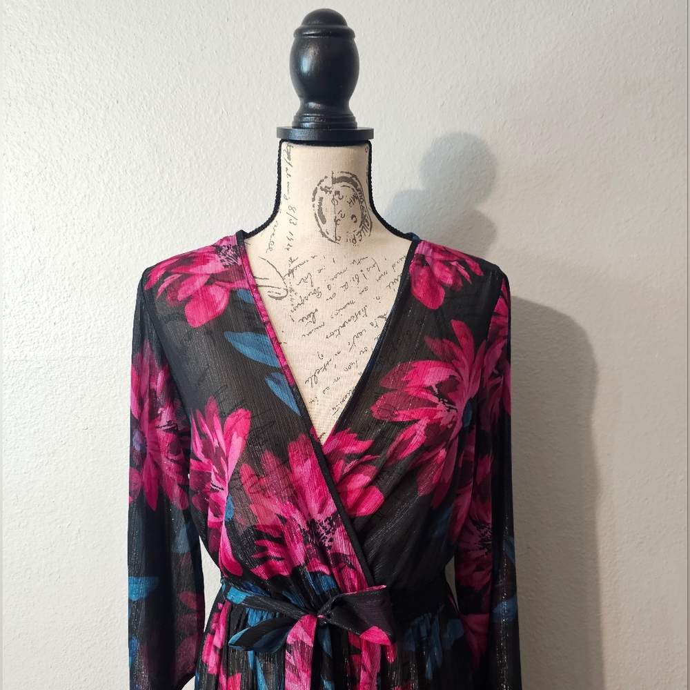 Alexa B Nites Dress Ladies Black Floral Maxi V-Neck Long Sleeve Size 8